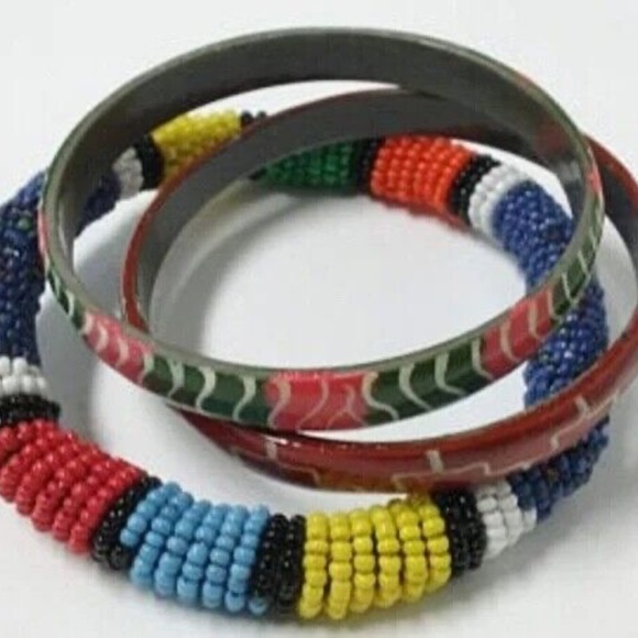 BUNDLE: African Patterned Beaded Painted Bangle Bracelet Trios (Multiple Colors) - Picture 9 of 12